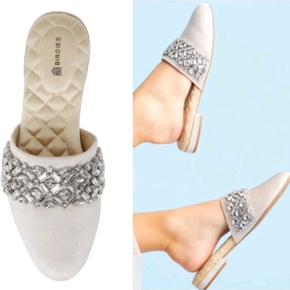 Birdies Champagne Beaded Slip-On Mules
